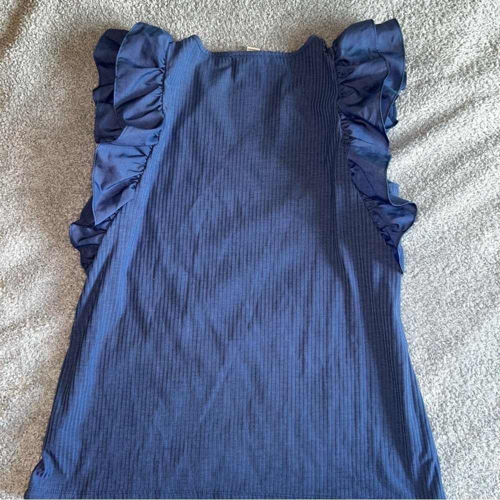Blue Sleeveless Ruffled Ribbed Blouse - Picture 3 of 3